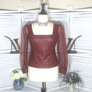 Marc New York Andrew Marc leather top burgundy red puff sheer long sleeves M L